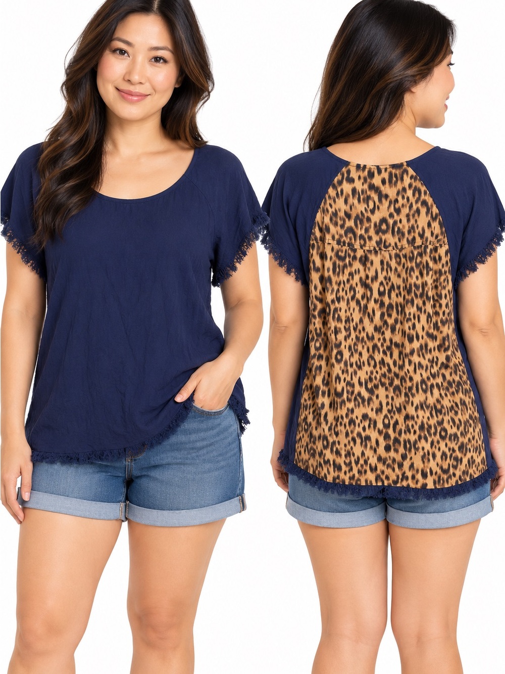 Umgee Womenâs Navy Blue & Leopard Print Linen Blend Top â Size XL